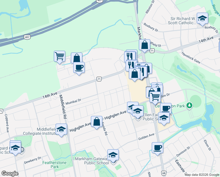 map of restaurants, bars, coffee shops, grocery stores, and more near 164 Mumbai Drive in Markham