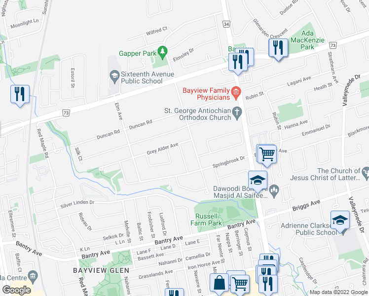 map of restaurants, bars, coffee shops, grocery stores, and more near 19 Silver Fir Street in Richmond Hill