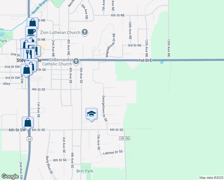 map of restaurants, bars, coffee shops, grocery stores, and more near 808 Timothy Drive Southeast in Stewartville