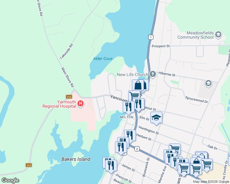 map of restaurants, bars, coffee shops, grocery stores, and more near 6 Chipman Lane in Yarmouth