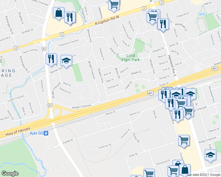 map of restaurants, bars, coffee shops, grocery stores, and more near 21 Durham Street in Ajax