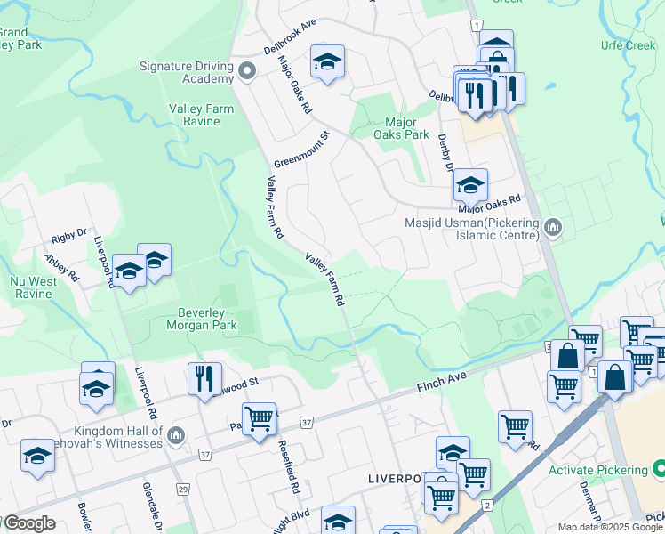 map of restaurants, bars, coffee shops, grocery stores, and more near 2323 Strathmore Crescent in Pickering