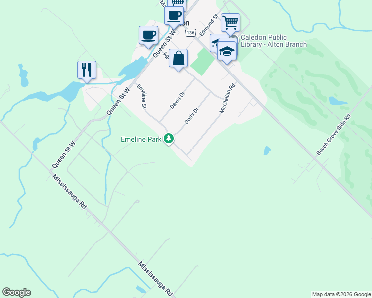 map of restaurants, bars, coffee shops, grocery stores, and more near 50 McClellan Road in Alton
