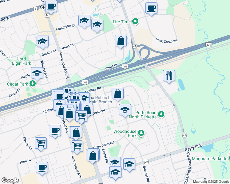 map of restaurants, bars, coffee shops, grocery stores, and more near 24 Admiral Road in Ajax