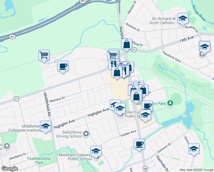 map of restaurants, bars, coffee shops, grocery stores, and more near 5821-5955 14th Avenue in Markham