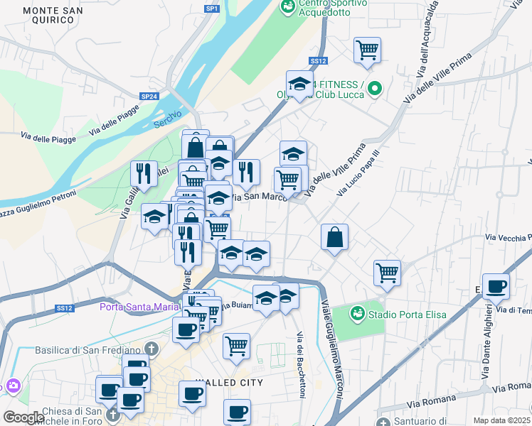 map of restaurants, bars, coffee shops, grocery stores, and more near 272 Via Pietro Paolini in Lucca