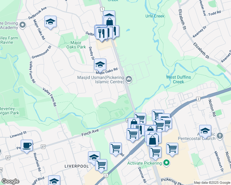 map of restaurants, bars, coffee shops, grocery stores, and more near 1666 Beaton Way in Pickering