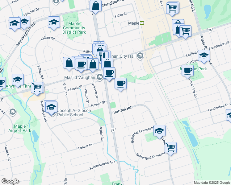 map of restaurants, bars, coffee shops, grocery stores, and more near 64 Oakdale Road in Vaughan