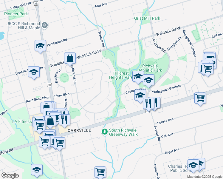 map of restaurants, bars, coffee shops, grocery stores, and more near 47 Sanderson Crescent in Richmond Hill