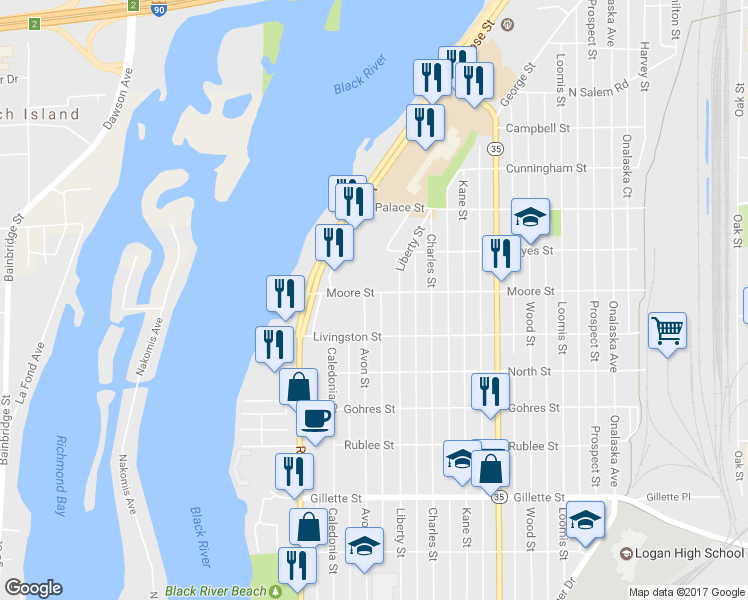 map of restaurants, bars, coffee shops, grocery stores, and more near 802 Moore Street in La Crosse