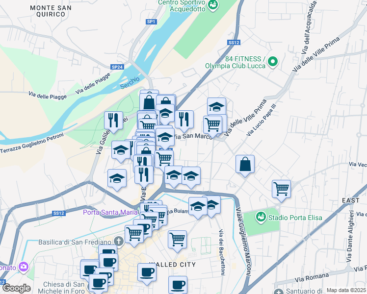 map of restaurants, bars, coffee shops, grocery stores, and more near 78 Via B. Berlinghieri in Lucca