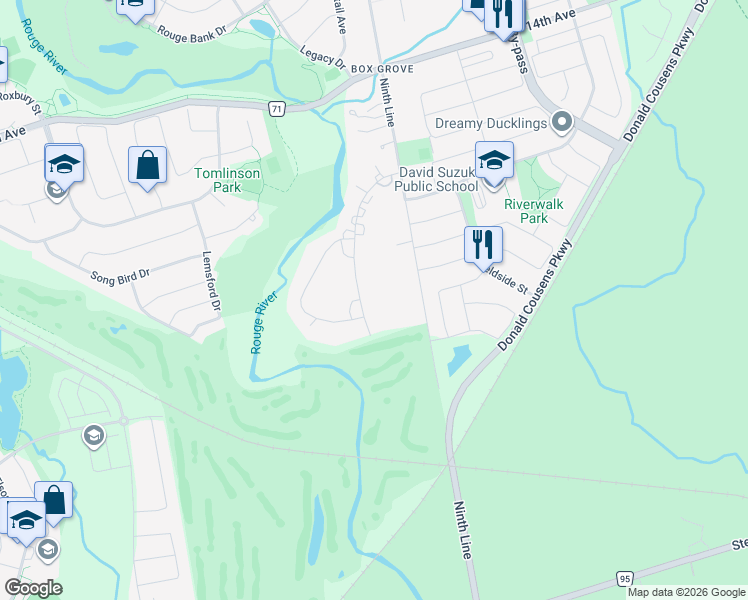 map of restaurants, bars, coffee shops, grocery stores, and more near 17 Ridgevale Drive in Markham