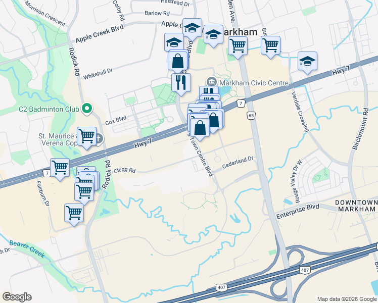 map of restaurants, bars, coffee shops, grocery stores, and more near 50 Clegg Road in Markham