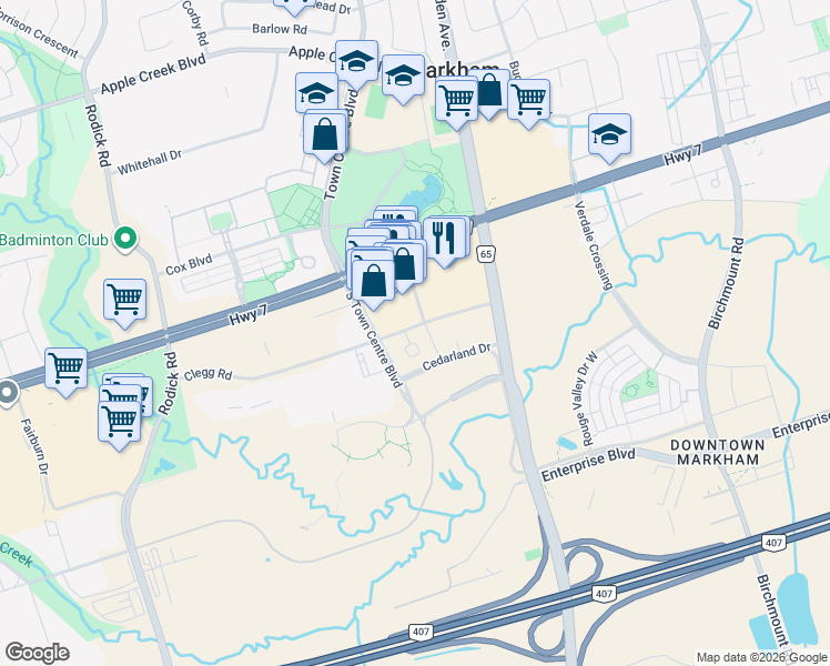 map of restaurants, bars, coffee shops, grocery stores, and more near 33 Clegg Road in Markham