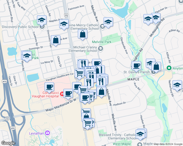 map of restaurants, bars, coffee shops, grocery stores, and more near Kelso Crescent in Vaughan