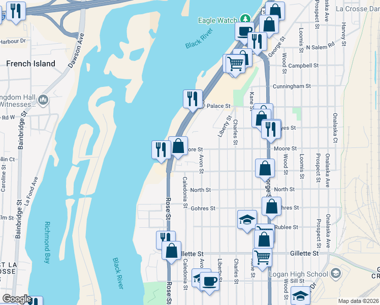 map of restaurants, bars, coffee shops, grocery stores, and more near 724 Moore Street in La Crosse