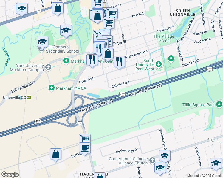 map of restaurants, bars, coffee shops, grocery stores, and more near 243 Caboto Trail in Markham