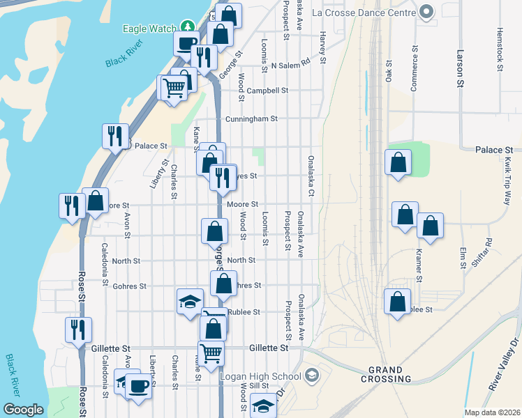 map of restaurants, bars, coffee shops, grocery stores, and more near 2037 Loomis Street in La Crosse