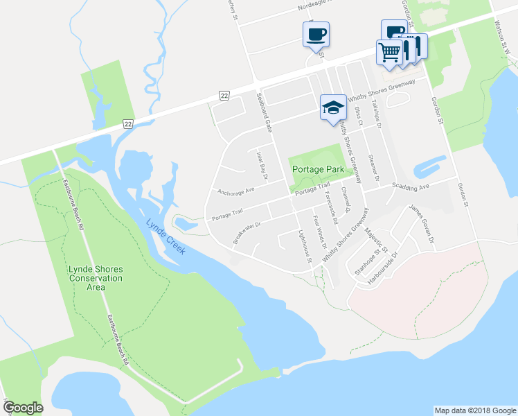 map of restaurants, bars, coffee shops, grocery stores, and more near 95 Portage Trail in Whitby