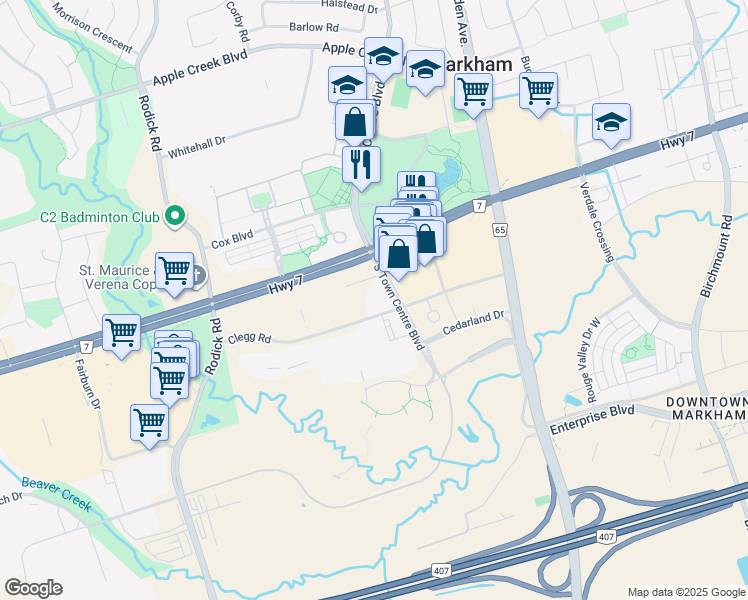 map of restaurants, bars, coffee shops, grocery stores, and more near 50 Clegg Road in Markham