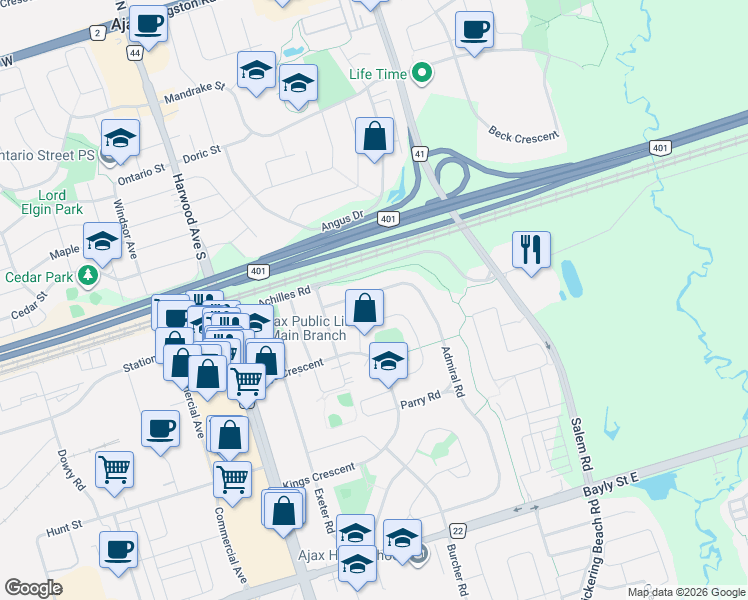 map of restaurants, bars, coffee shops, grocery stores, and more near 32 Admiral Road in Ajax