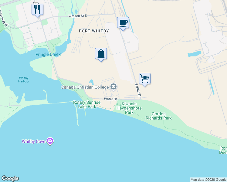 map of restaurants, bars, coffee shops, grocery stores, and more near 300 Water Street in Whitby