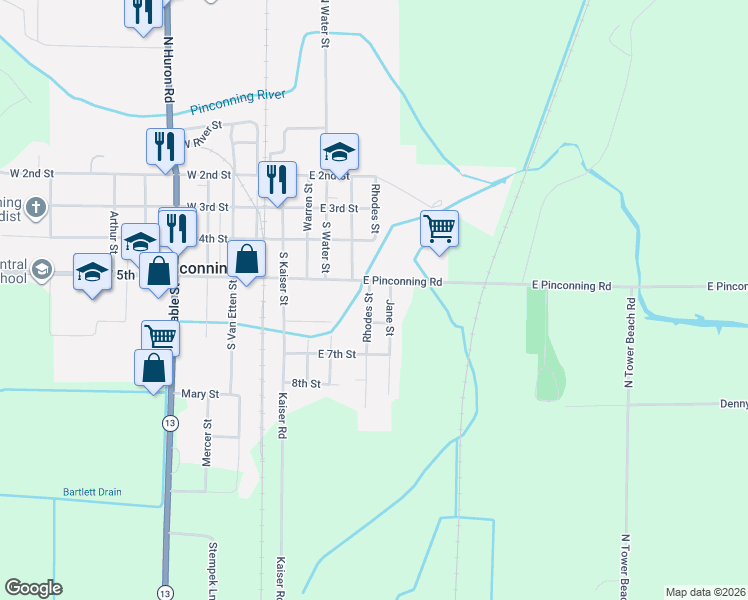 map of restaurants, bars, coffee shops, grocery stores, and more near 522 Rhodes Street in Pinconning