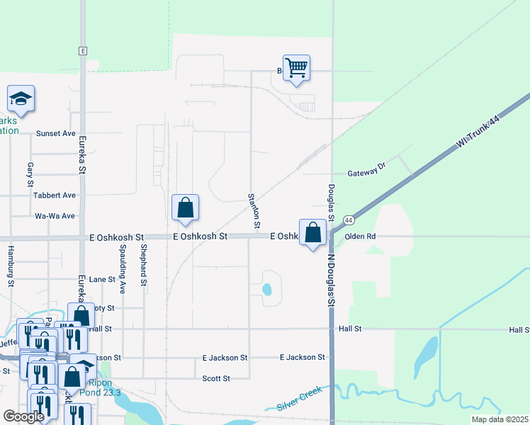 map of restaurants, bars, coffee shops, grocery stores, and more near 611 Stanton Street in Ripon