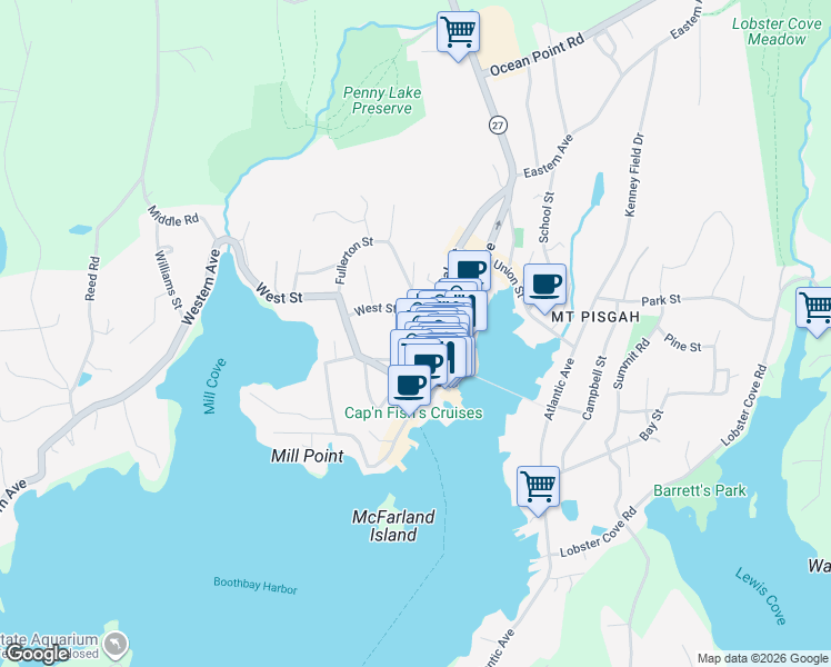 map of restaurants, bars, coffee shops, grocery stores, and more near 18 Oak Street in Boothbay Harbor