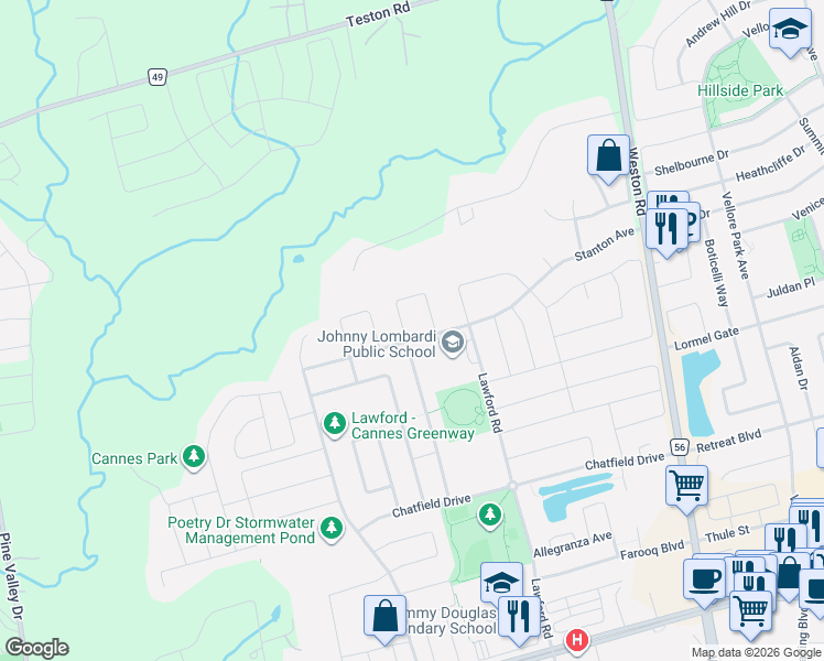 map of restaurants, bars, coffee shops, grocery stores, and more near 100 Virtue Crescent in Vaughan