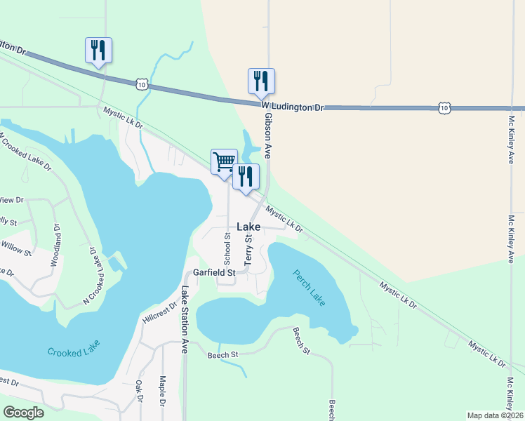 map of restaurants, bars, coffee shops, grocery stores, and more near 7715 Mystic Lake Road in Lake
