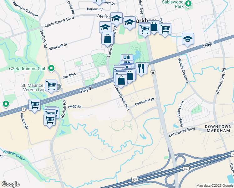 map of restaurants, bars, coffee shops, grocery stores, and more near 60 South Town Centre Boulevard in Markham