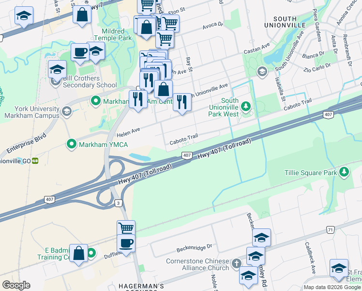 map of restaurants, bars, coffee shops, grocery stores, and more near 279 Caboto Trail in Markham