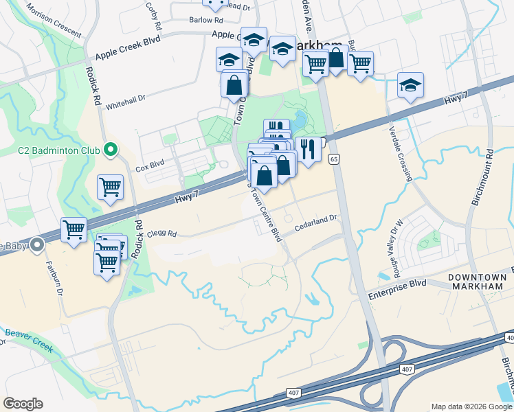 map of restaurants, bars, coffee shops, grocery stores, and more near 60 South Town Centre Boulevard in Markham