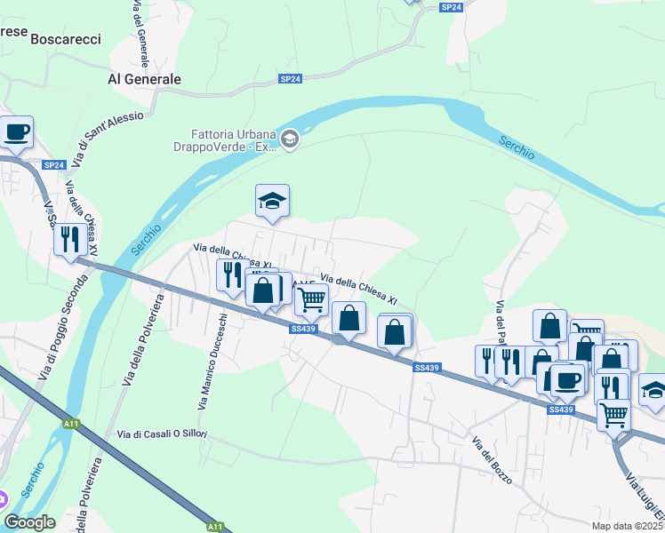 map of restaurants, bars, coffee shops, grocery stores, and more near 454 Via dei Lippi Bassi in Lucca