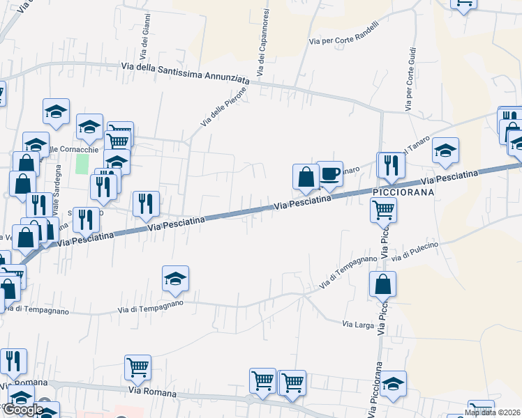map of restaurants, bars, coffee shops, grocery stores, and more near 258 Via del Tanaro in Lucca