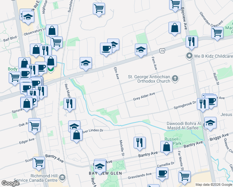 map of restaurants, bars, coffee shops, grocery stores, and more near 118 Pathlane Road in Richmond Hill