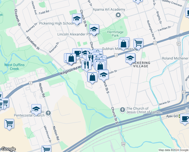 map of restaurants, bars, coffee shops, grocery stores, and more near 15 Randall Drive in Ajax