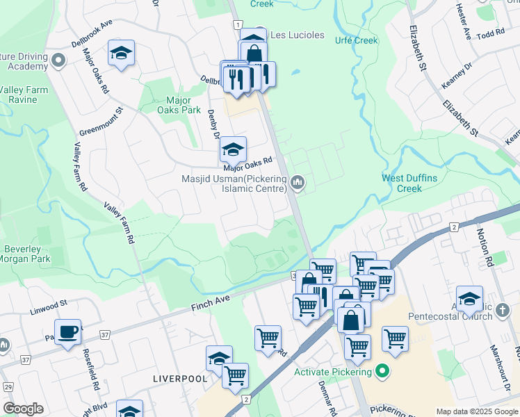 map of restaurants, bars, coffee shops, grocery stores, and more near 1666 Beaton Way in Pickering