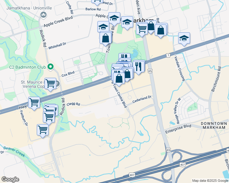 map of restaurants, bars, coffee shops, grocery stores, and more near in Markham