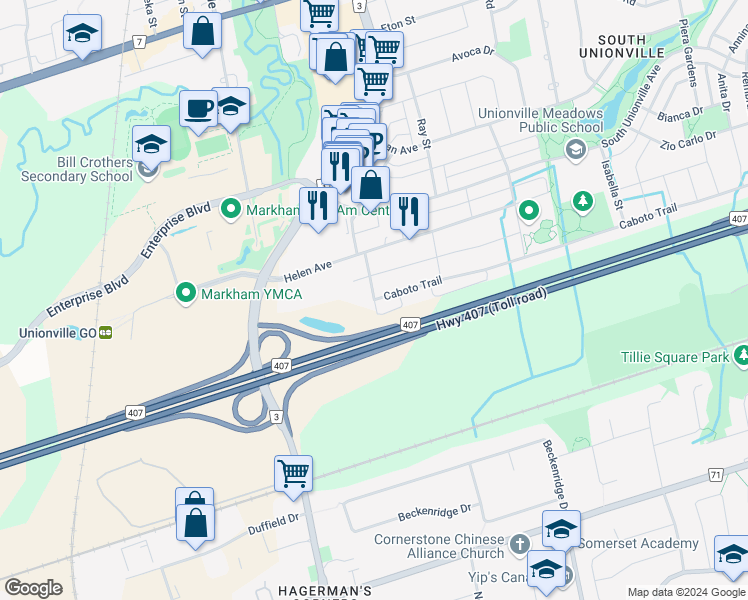 map of restaurants, bars, coffee shops, grocery stores, and more near 203 Caboto Trail in Markham