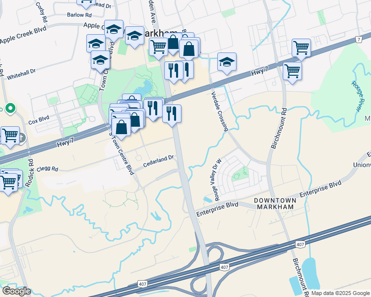 map of restaurants, bars, coffee shops, grocery stores, and more near 8293 Warden Avenue in Markham