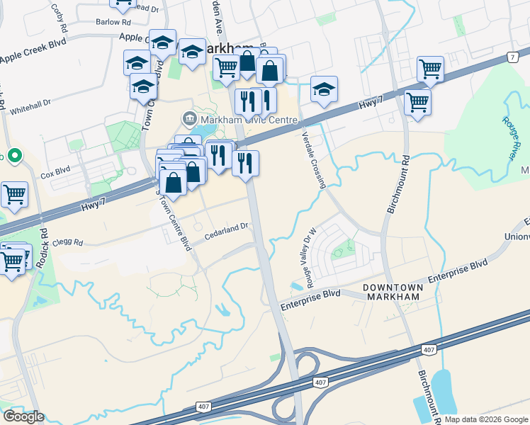 map of restaurants, bars, coffee shops, grocery stores, and more near 8293 Warden Avenue in Markham