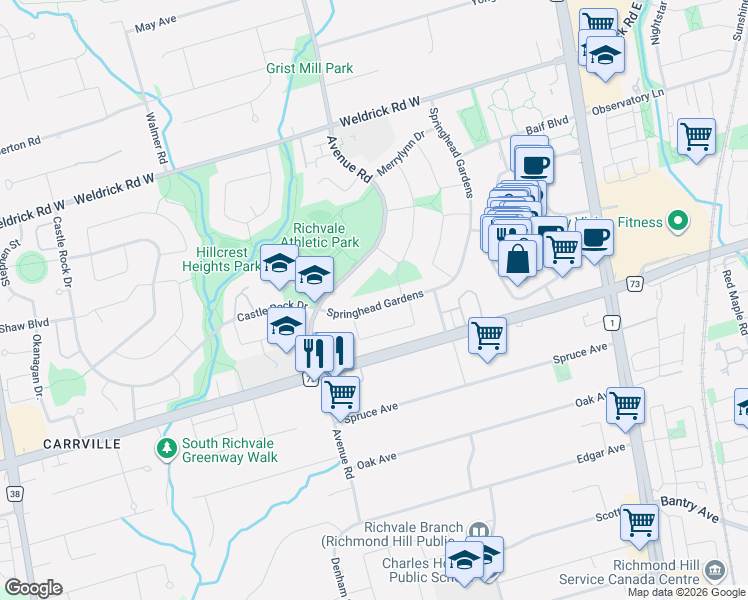map of restaurants, bars, coffee shops, grocery stores, and more near in Richmond Hill