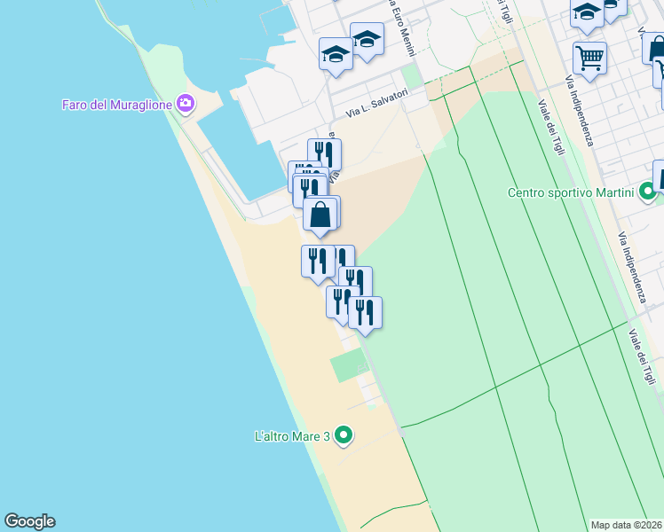 map of restaurants, bars, coffee shops, grocery stores, and more near 95 Viale Europa in Lido di Camaiore