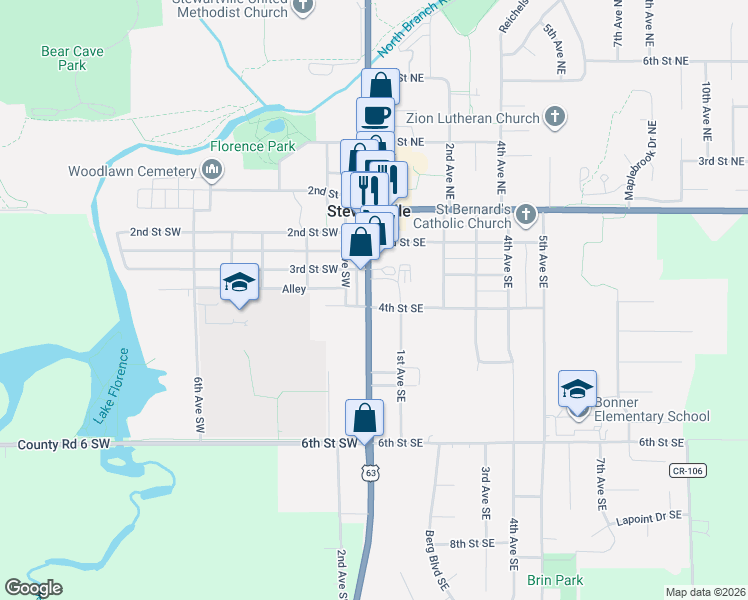map of restaurants, bars, coffee shops, grocery stores, and more near 308 South Main Street in Stewartville