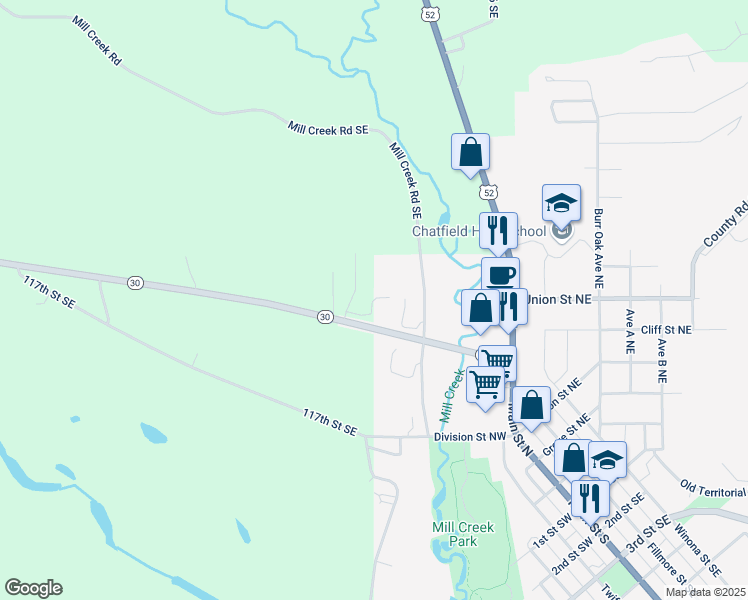map of restaurants, bars, coffee shops, grocery stores, and more near 348 Hilltop Drive Northwest in Chatfield