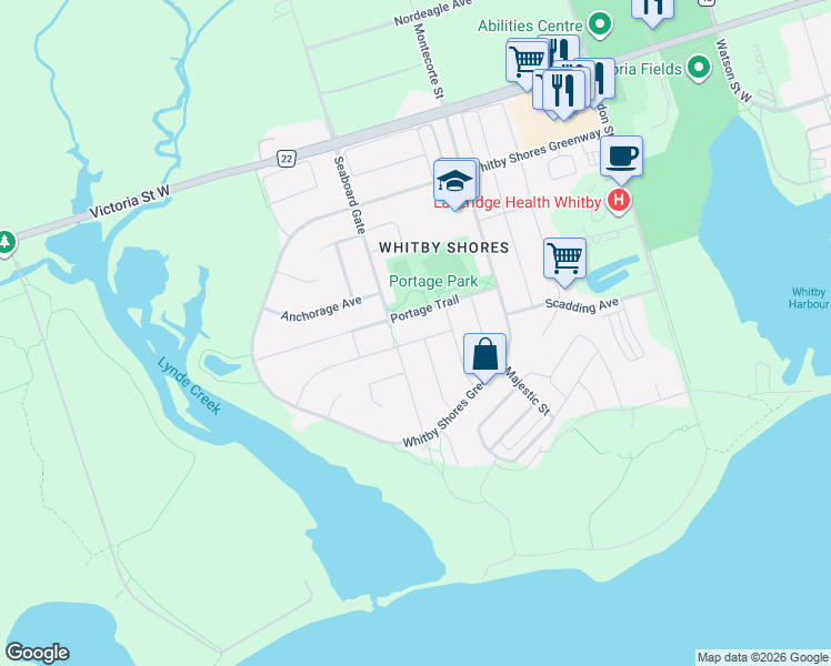 map of restaurants, bars, coffee shops, grocery stores, and more near 20 Breakwater Drive in Whitby