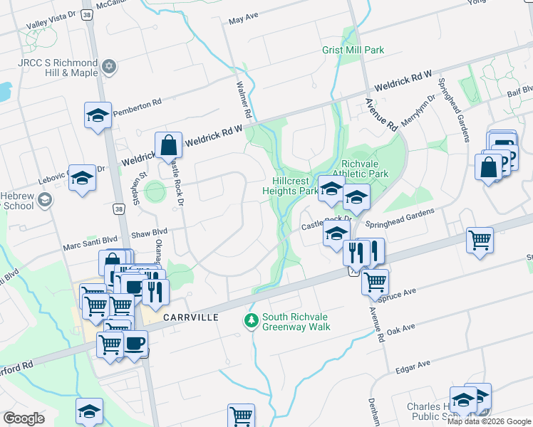 map of restaurants, bars, coffee shops, grocery stores, and more near 51 Sanderson Crescent in Richmond Hill