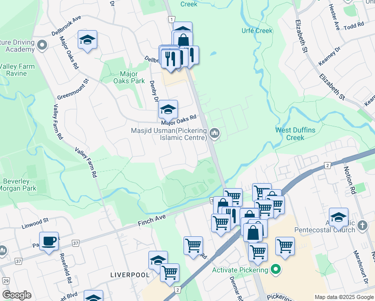 map of restaurants, bars, coffee shops, grocery stores, and more near 1666 Beaton Way in Pickering